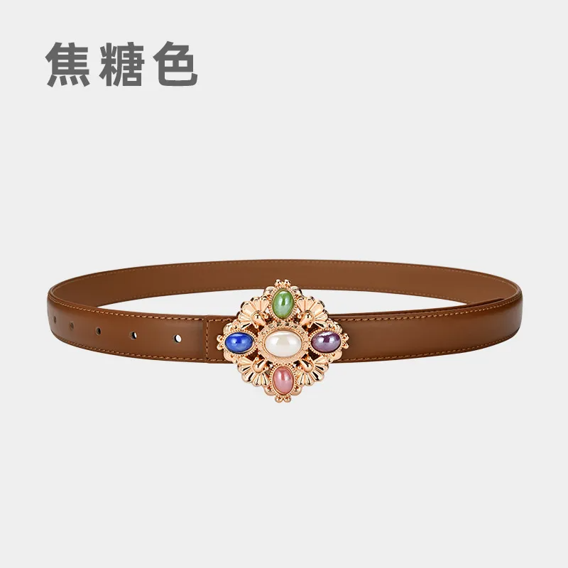 Women'S Fashion Casual Retro Gemstone Alloy Smooth Buckle Genuine Leather Thin Belt