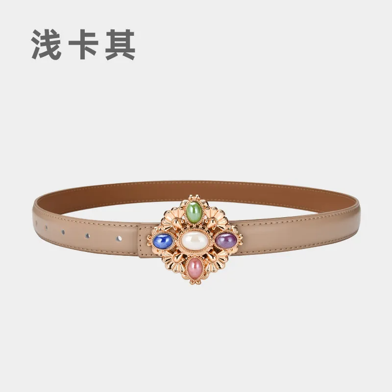 Women'S Fashion Casual Retro Gemstone Alloy Smooth Buckle Genuine Leather Thin Belt