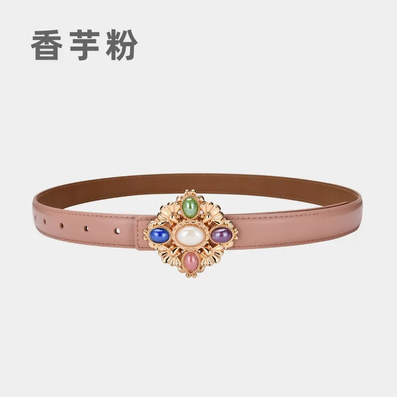 Women'S Fashion Casual Retro Gemstone Alloy Smooth Buckle Genuine Leather Thin Belt