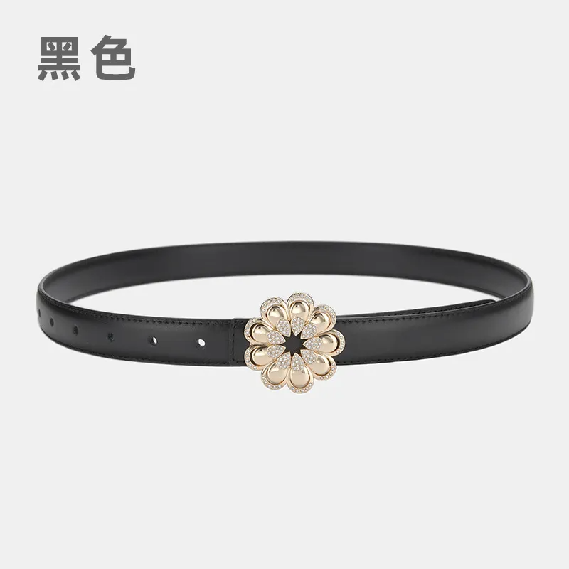 Women'S Casual Fashion Rhinestone Flower Alloy Pin Buckle Leather Belt