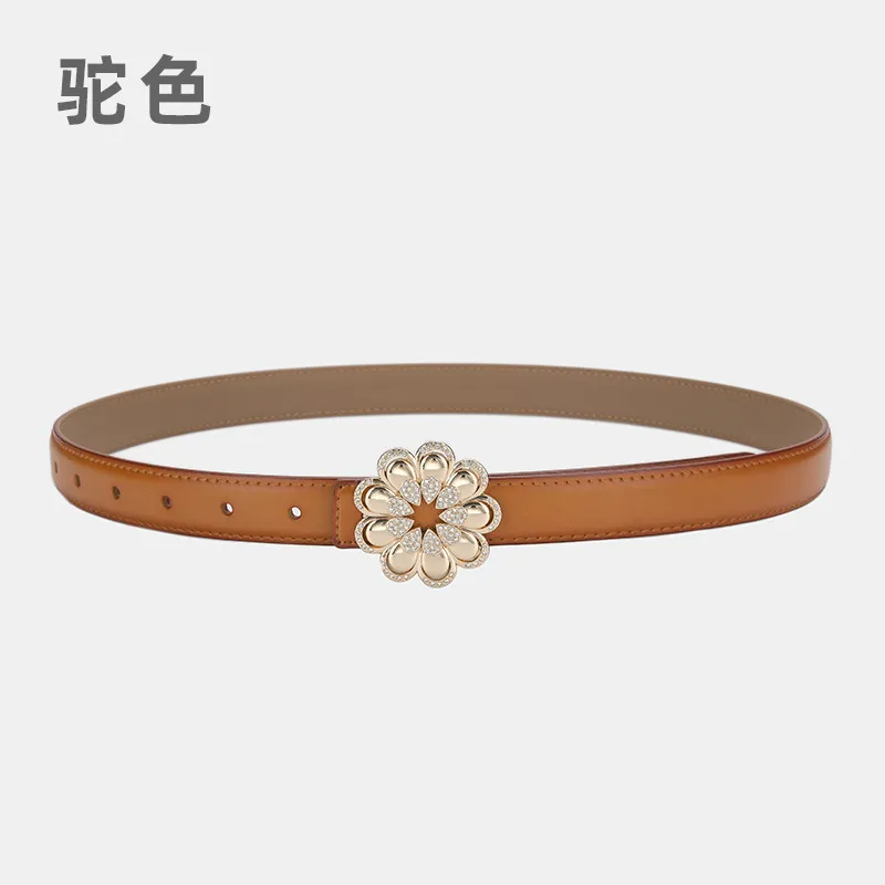 Women'S Casual Fashion Rhinestone Flower Alloy Pin Buckle Leather Belt