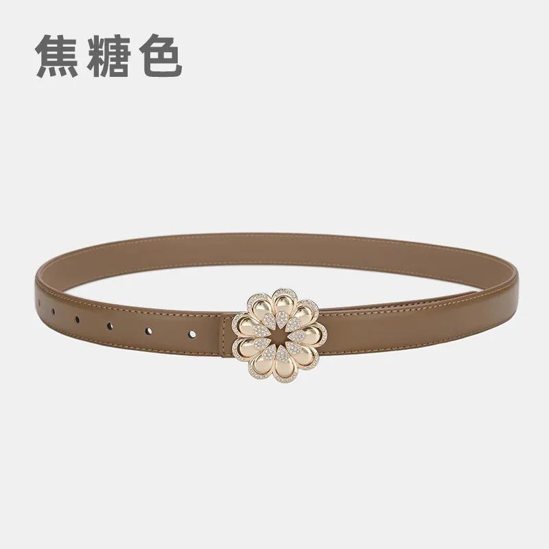 Women'S Casual Fashion Rhinestone Flower Alloy Pin Buckle Leather Belt