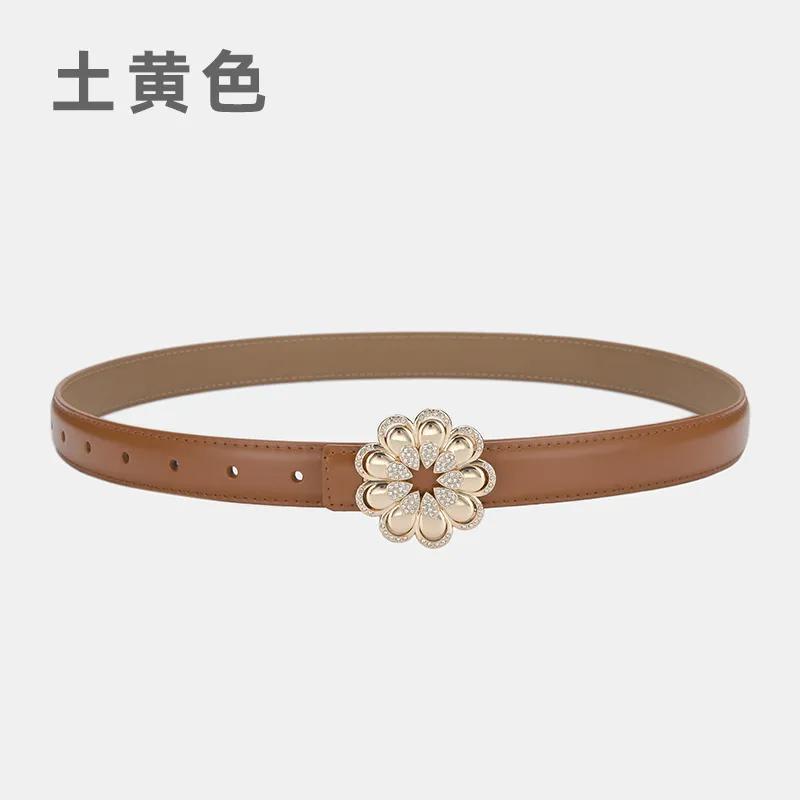 Women'S Casual Fashion Rhinestone Flower Alloy Pin Buckle Leather Belt