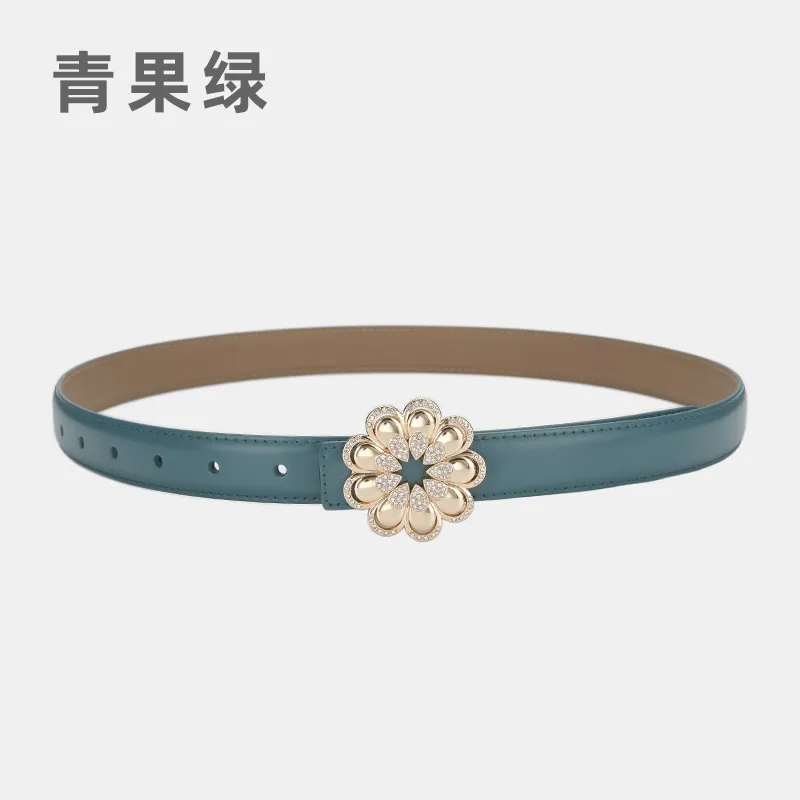 Women'S Casual Fashion Rhinestone Flower Alloy Pin Buckle Leather Belt