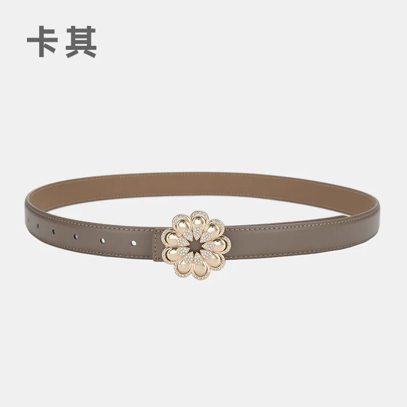 Women'S Casual Fashion Rhinestone Flower Alloy Pin Buckle Leather Belt