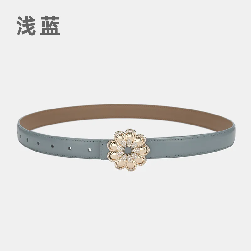 Women'S Casual Fashion Rhinestone Flower Alloy Pin Buckle Leather Belt