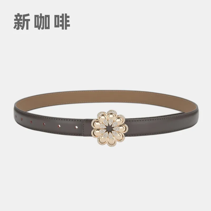 Women'S Casual Fashion Rhinestone Flower Alloy Pin Buckle Leather Belt