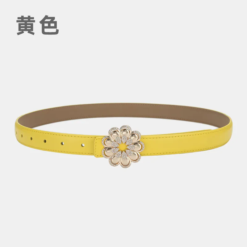 Women'S Casual Fashion Rhinestone Flower Alloy Pin Buckle Leather Belt