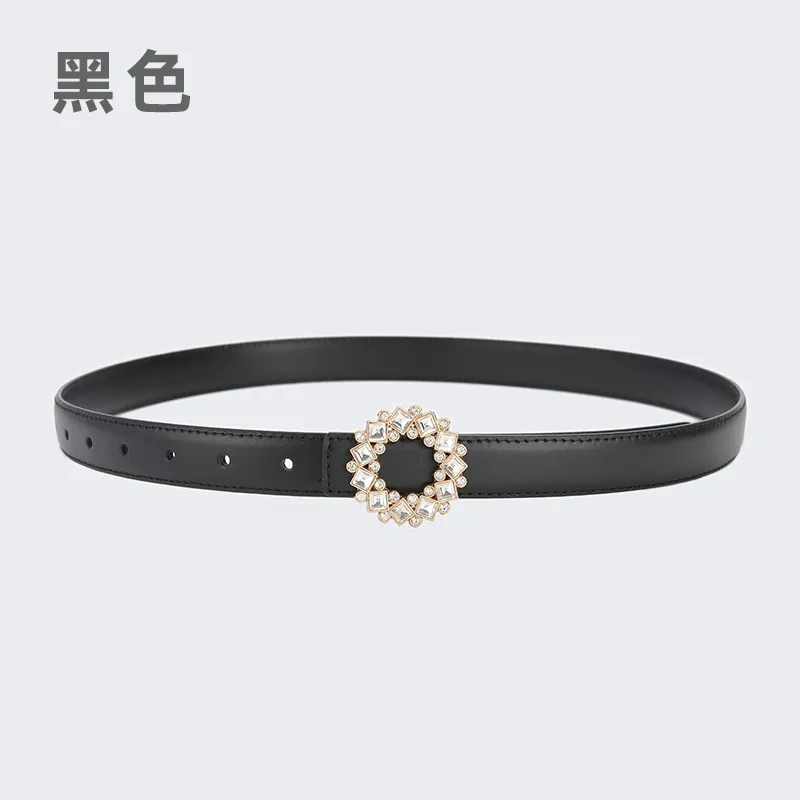 Women'S Fashion Casual Rhinestone Round Alloy Buckle Leather Belt