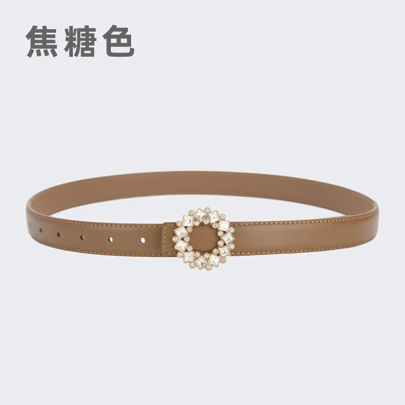 Women'S Fashion Casual Rhinestone Round Alloy Buckle Leather Belt