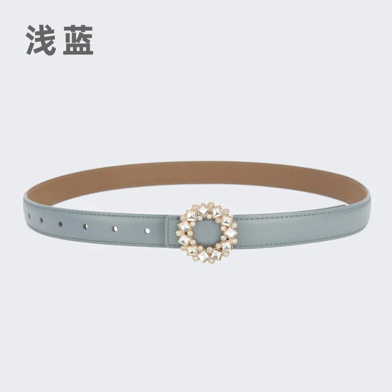 Women'S Fashion Casual Rhinestone Round Alloy Buckle Leather Belt