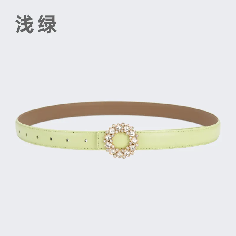 Women'S Fashion Casual Rhinestone Round Alloy Buckle Leather Belt