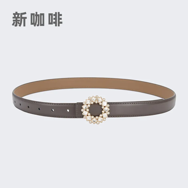 Women'S Fashion Casual Rhinestone Round Alloy Buckle Leather Belt