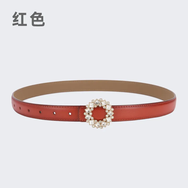 Women'S Fashion Casual Rhinestone Round Alloy Buckle Leather Belt