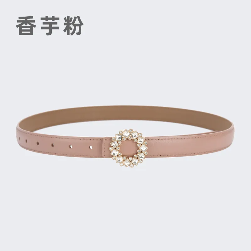 Women'S Fashion Casual Rhinestone Round Alloy Buckle Leather Belt