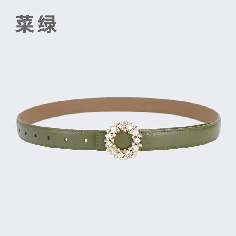 Women'S Fashion Casual Rhinestone Round Alloy Buckle Leather Belt