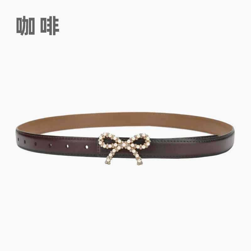 Women'S Fashion Casual Pearl Bowknot Alloy Smooth Buckle Genuine Leather Belt