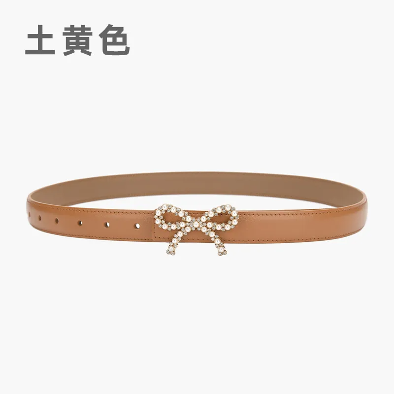 Women'S Fashion Casual Pearl Bowknot Alloy Smooth Buckle Genuine Leather Belt