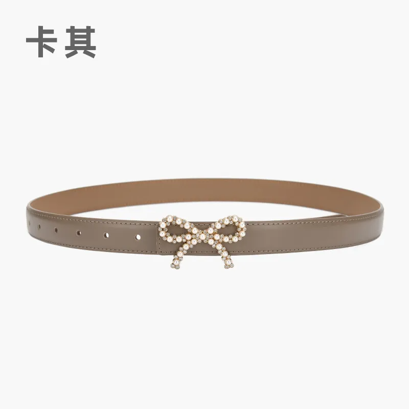 Women'S Fashion Casual Pearl Bowknot Alloy Smooth Buckle Genuine Leather Belt