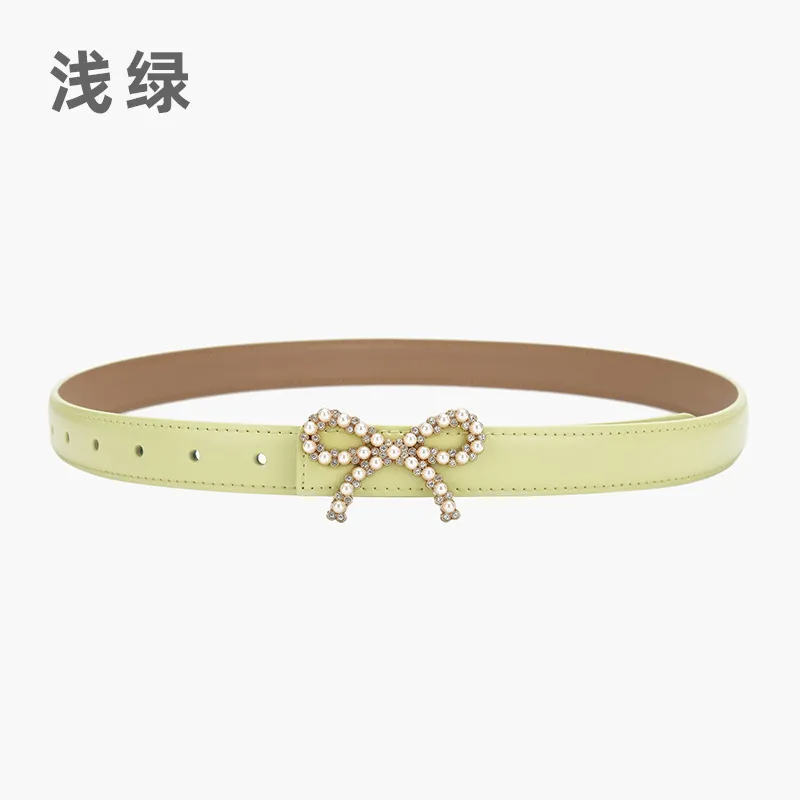 Women'S Fashion Casual Pearl Bowknot Alloy Smooth Buckle Genuine Leather Belt