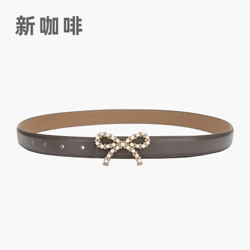 Women'S Fashion Casual Pearl Bowknot Alloy Smooth Buckle Genuine Leather Belt