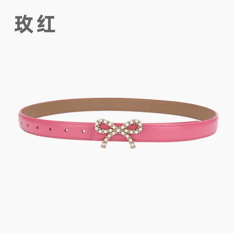 Women'S Fashion Casual Pearl Bowknot Alloy Smooth Buckle Genuine Leather Belt