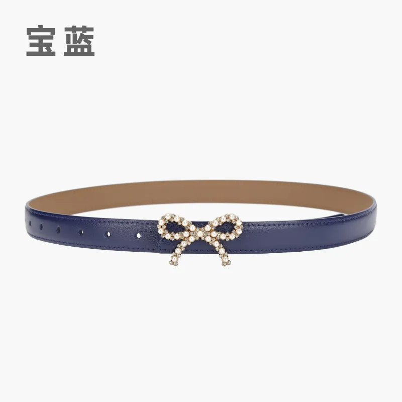 Women'S Fashion Casual Pearl Bowknot Alloy Smooth Buckle Genuine Leather Belt