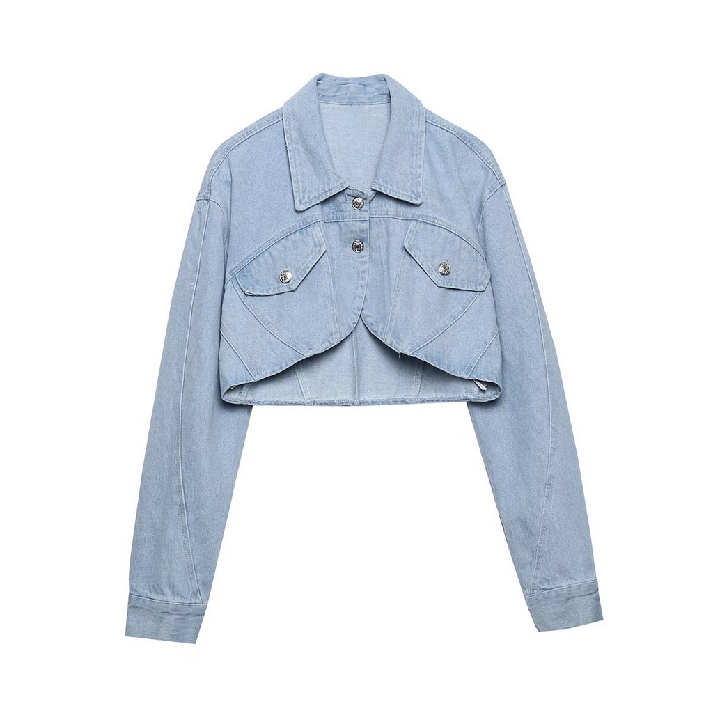 Women Fashion Long Sleeve Irregular Hemline Cropped Denim Jacket Top