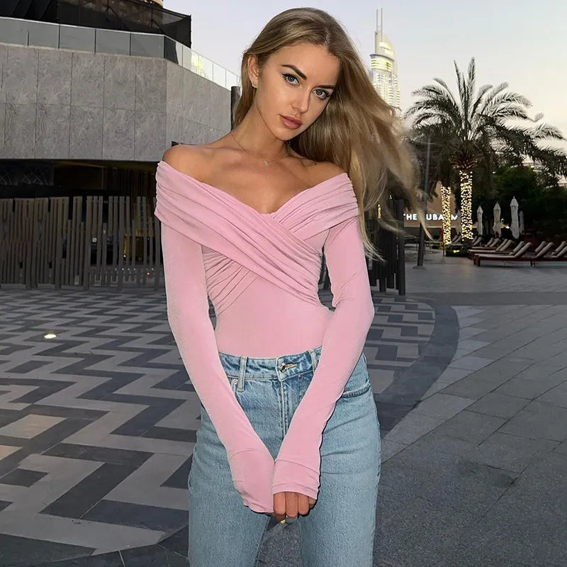 Women Sexy Fashion V-Neck Off Shoulder Long Sleeve Solid Color Slim Fit Bodysuit