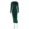 Women Fashion Solid Color Pleated Long Sleeve Bodycon Dress