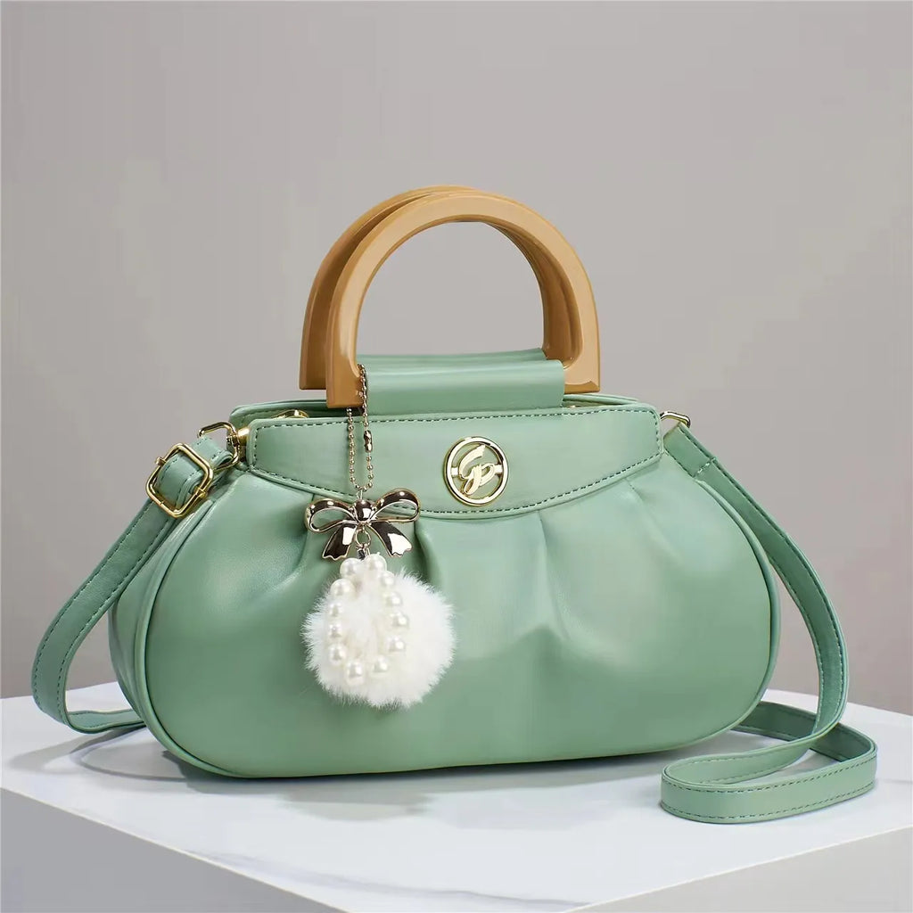 Women Fashion Plush Pendant Creased Large Capacity PU Handbag