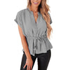 Women Fashion Solid Color Drawstring Chiffon Short Sleeve Shirt