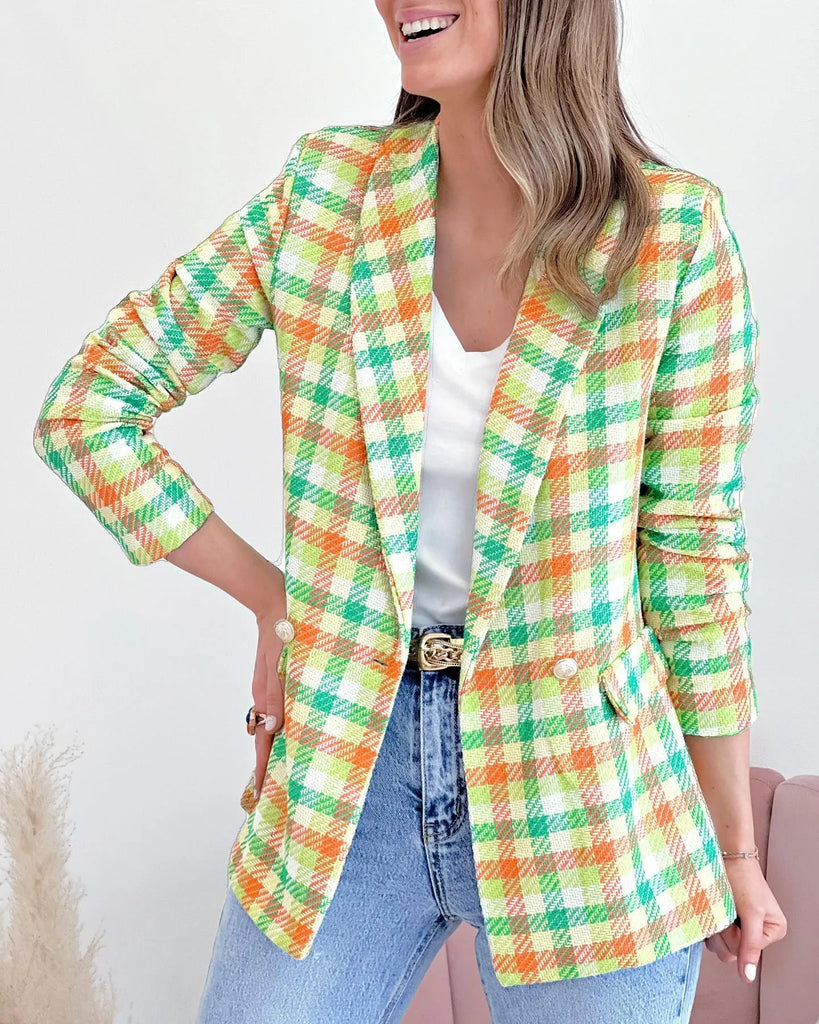 Autumn Winter Women Fashion Casual Plaid Long Sleeve Pocket Printed Double-Breasted Suit Jacket Blazers