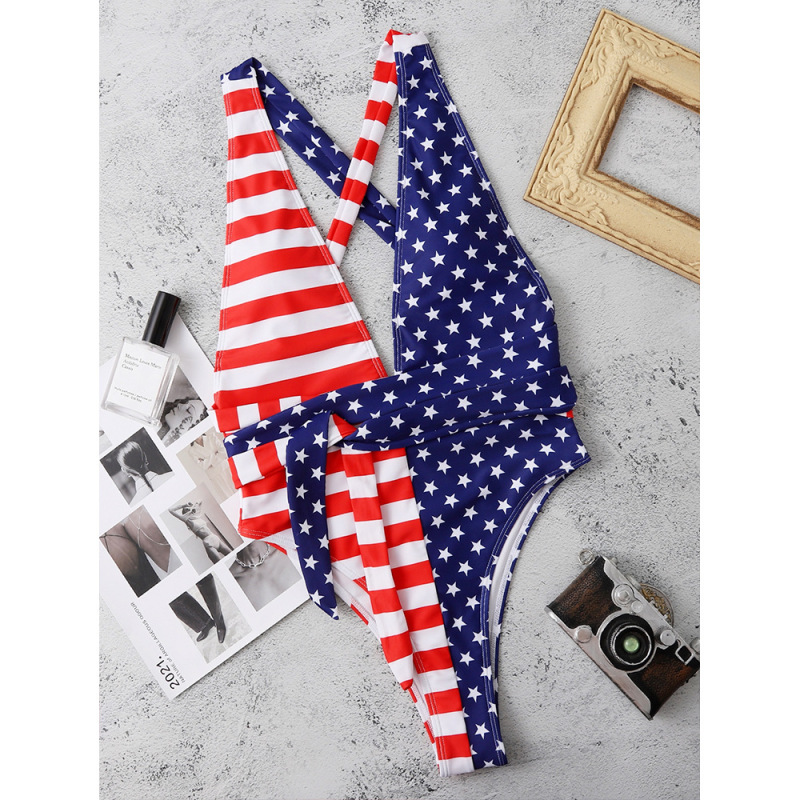 Women'S Fashion Sexy Strap Star Stripe Print V-Neck Cutout Swimsuit