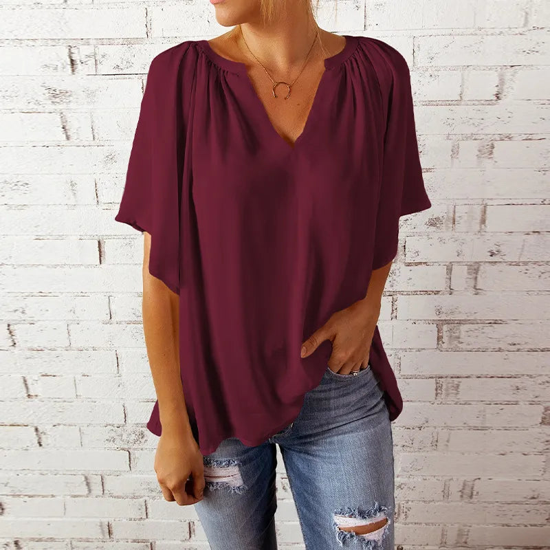 Women Casual Loose Solid Color V-Neck Pullover Ruffled Short Sleeve Blouses