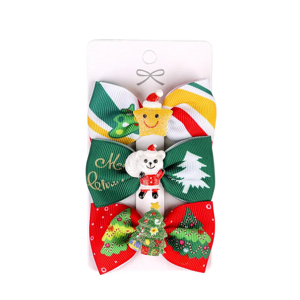 Kids Christmas Bow Hairpin Elk Print Clip Three-Piece Paper Card Set