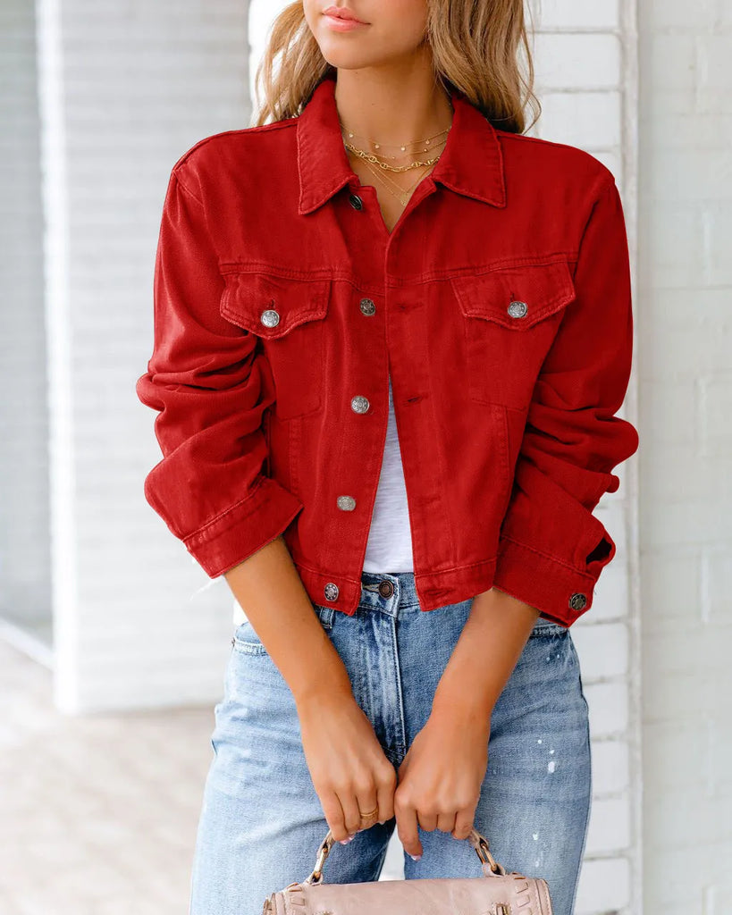 Women Edgy Casual Solid Color Long Sleeves Denim Jacket