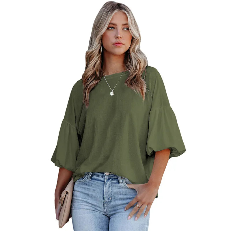 Women Casual Solid Color Pullover Round Neck Puff Sleeve Blouses