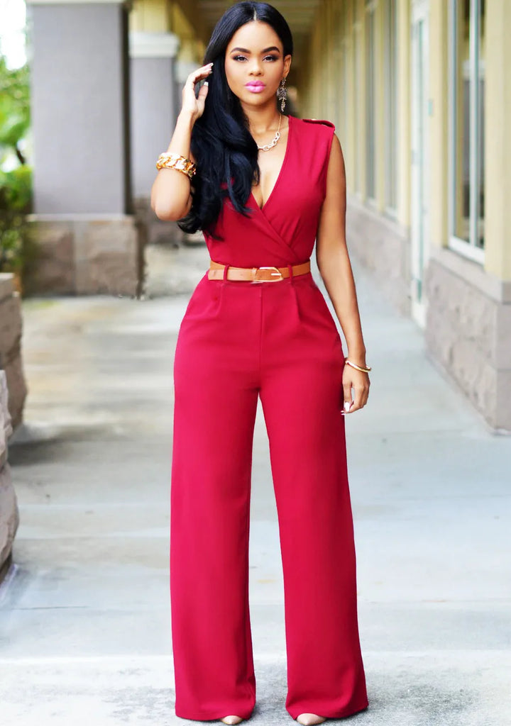 Women Elegant Work Office High Waist V Neck Sleeveless Solid Color Wide Leg Jumpsuits With Belt