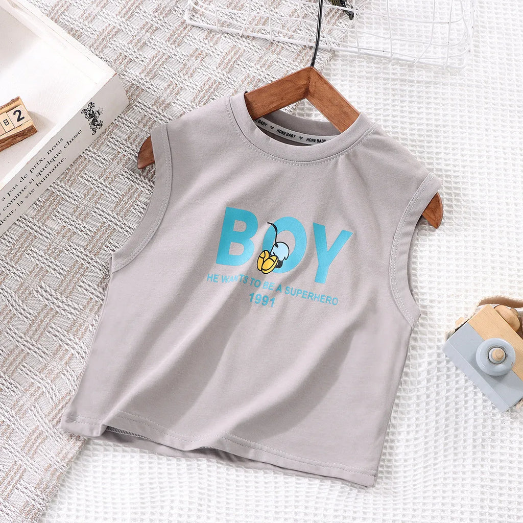 Buy 1 Get 1 Children Kids Baby Fashion Boys Casual Basic Sleeveless Cartoon Letter Print T-Shirt