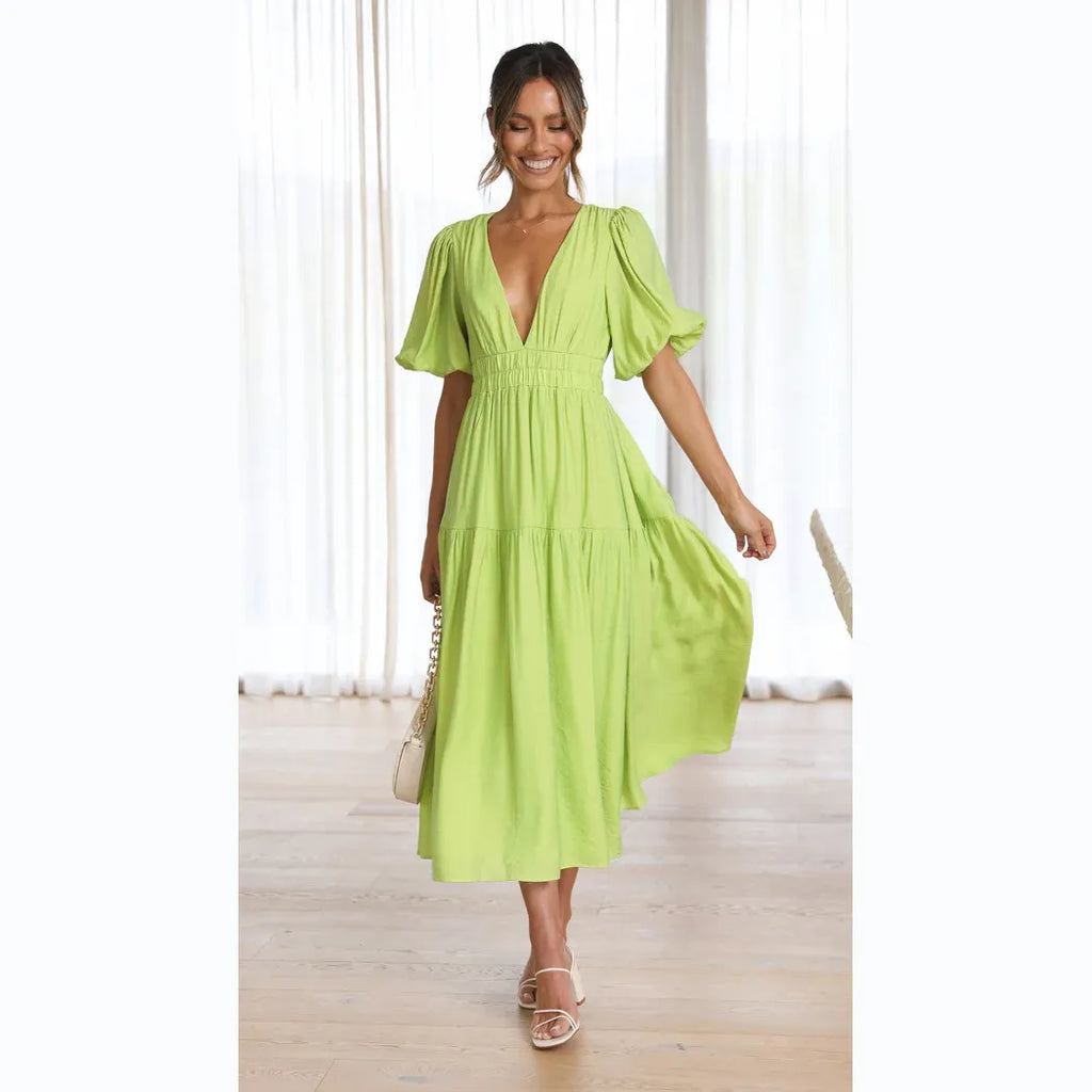 Women Casual Elegant V-Neck Solid Color Puff Sleeve Maxi Dress