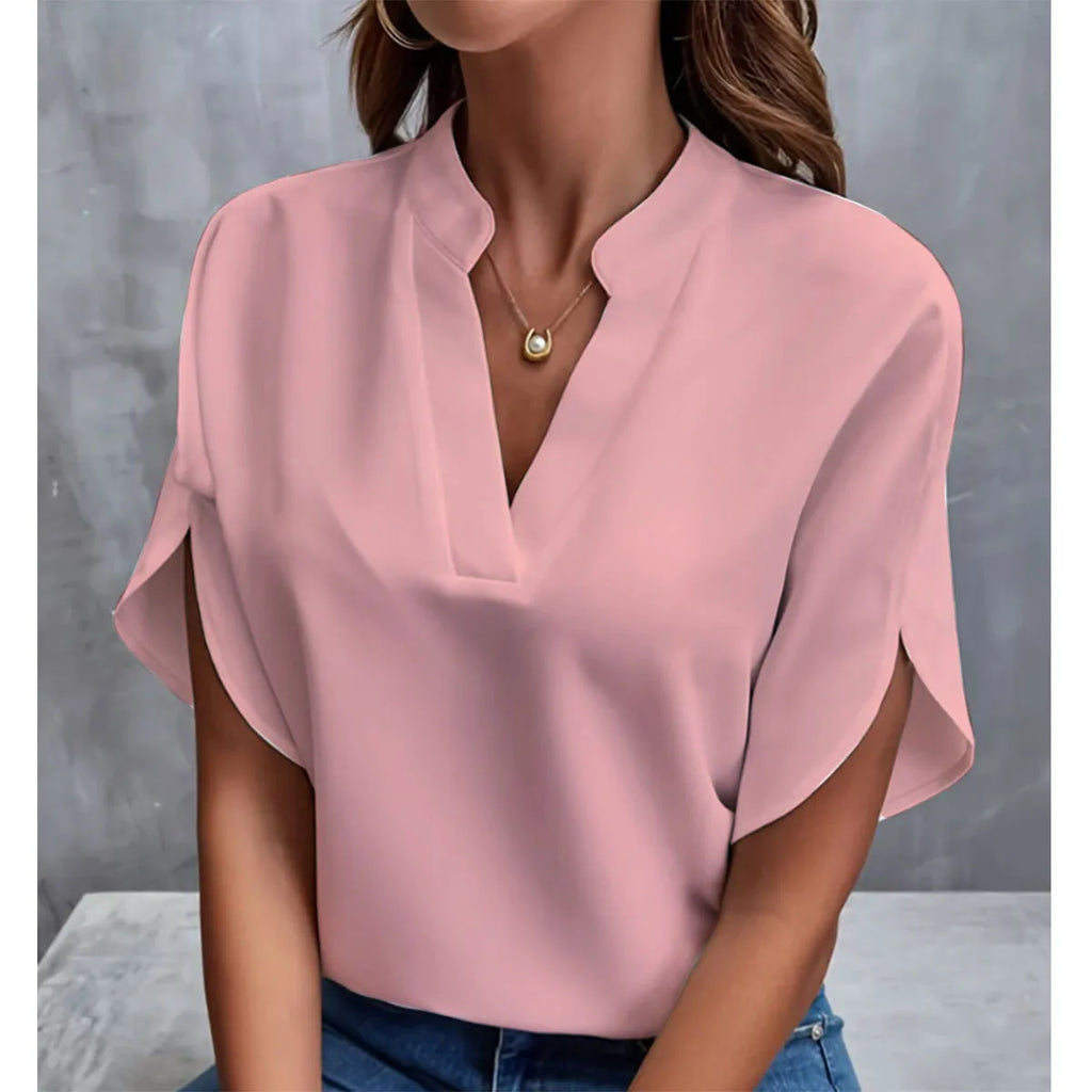 Buy 1 Get 1 Women Summer V-Neck Shirt Solid Color Casual Short-Sleeved Pullover Office Blouse