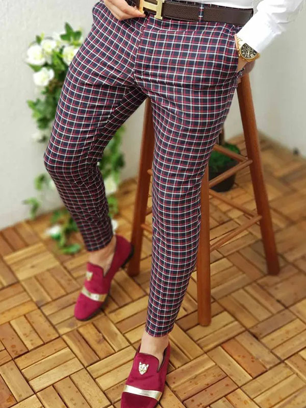 Men Basic Mid-Waist Plaid Printed Color Blocking Straight Suit Pants