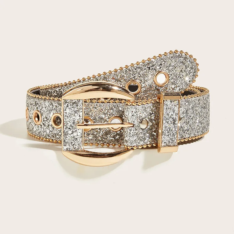 Women Fashion Oval Alloy Needle Buckle Rhinestone Wide PU Belt