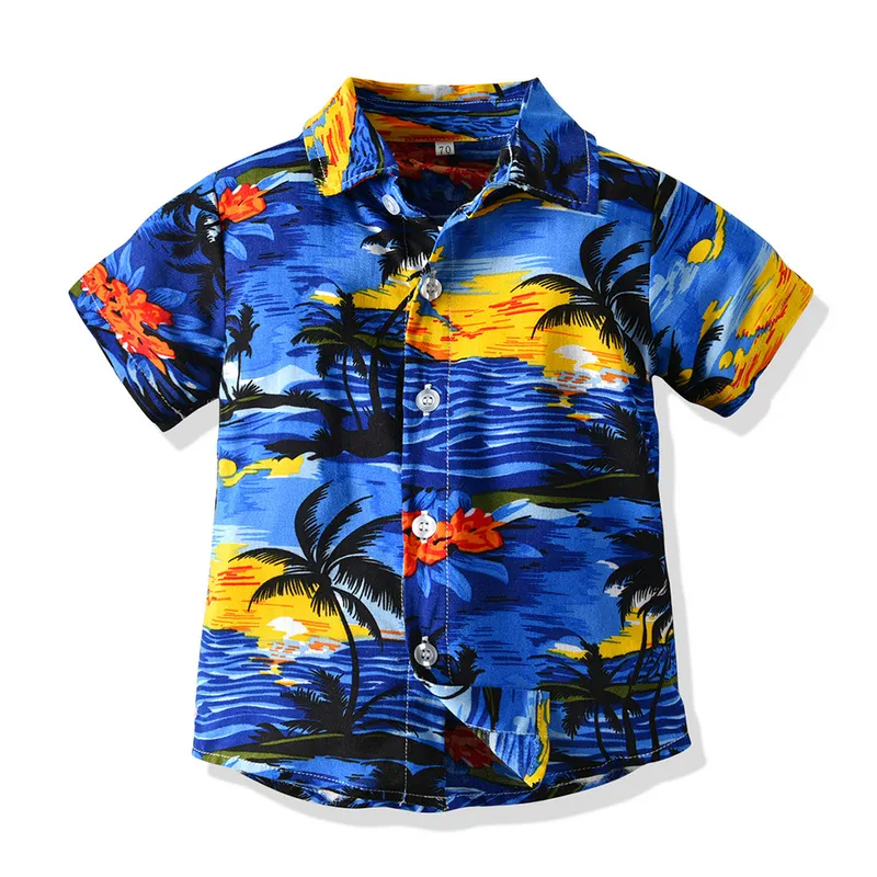 Children Kids Fashion Casual Vacation Cotton Lapel Floral Print Single-Breasted Short-Sleeved Top