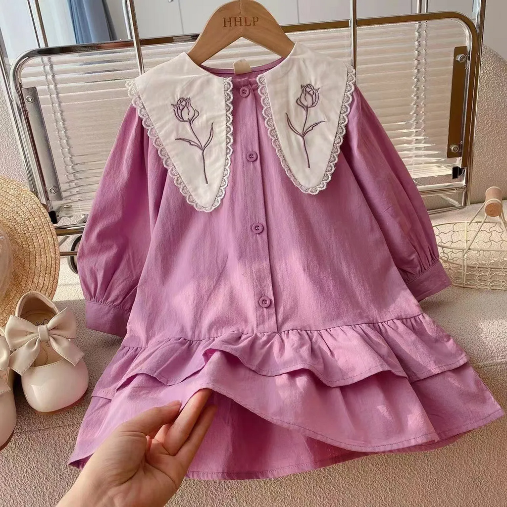 Kids Toddler Girls Fashion Casual Cute Solid Color Embroidery Floral Plaid Lapel Dress