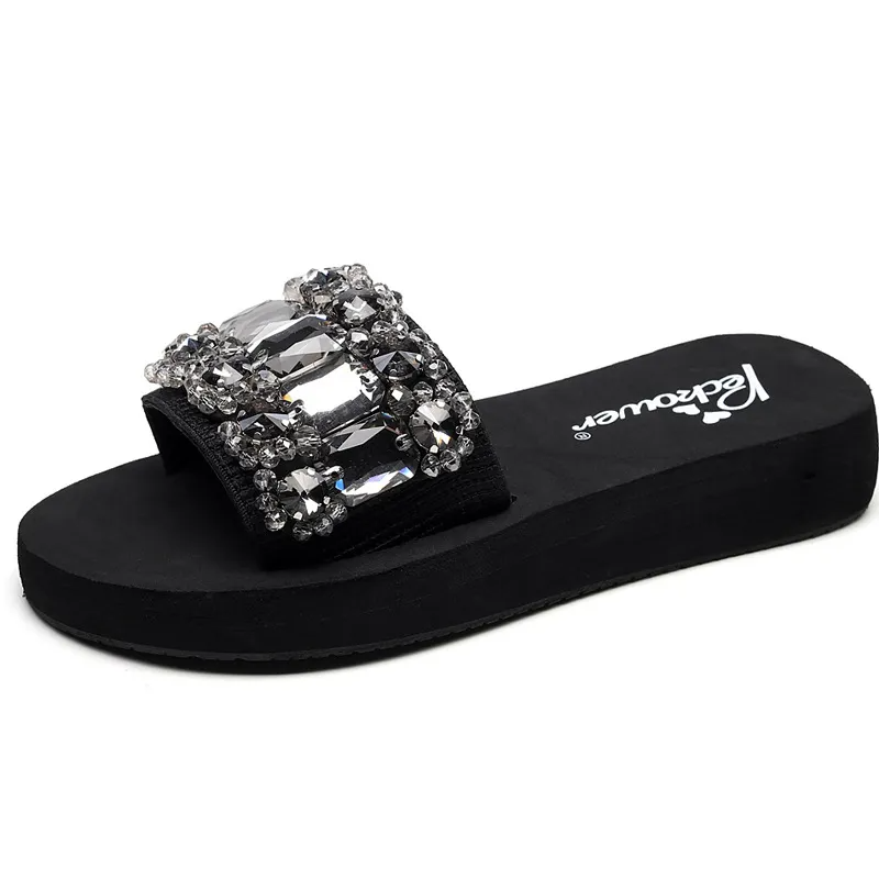 Women Fashion Vacation Beach Plus Size Rhinestone Thick-Soled Slippers