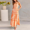 Summer Women Fashion Casual Stripe Printed Strap Backless Pocket Maxi Dress