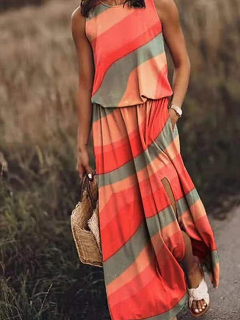 Women Fashion Vintage Casual Floral Printing Sleeveless Slit Loose Dress