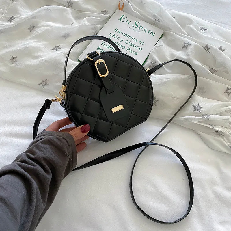 Women Rhombus Stitching Small Round Shape Belted PU Quilted Crossbody Bag